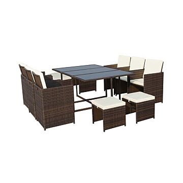 Cannes Brown 10 Seater Cube Set 166.5x110cm Table, 6 Kd Cube Chairs With Folding Backrests And 4 Footstools Including Cushions