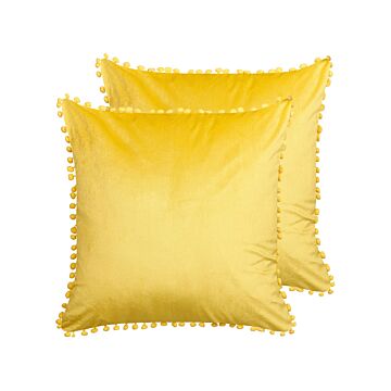 Set Of 2 Scatter Cushions Yellow Velvet 45 X 45 Cm With Mini Pom Poms Chair Cushion Glam Retro Beliani