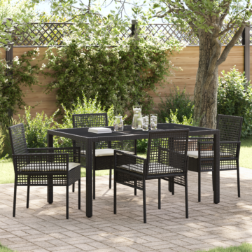 Vidaxl 5 Piece Garden Dining Set With Cushions Black Poly Rattan