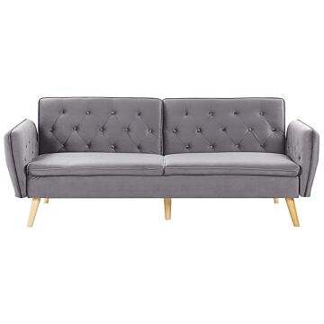Sofa Bed Grey Velvet Upholstered Convertible Couch Modern Design Buttoned Backrest Beliani
