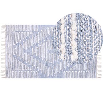 Rug Off-white Blue Cotton Wool 80 X 150 Cm Geometric Pattern Runes Tribal Tassels Oriental Beliani