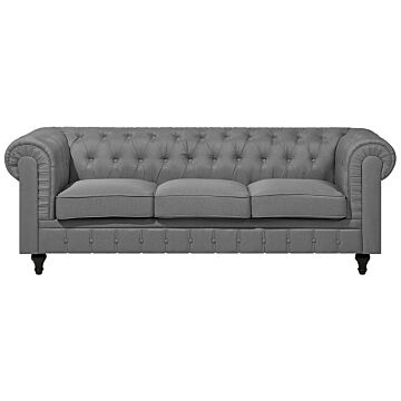 Chesterfield Sofa Light Grey Fabric Upholstery Dark Wood Legs 3 Seater Contemporary Beliani