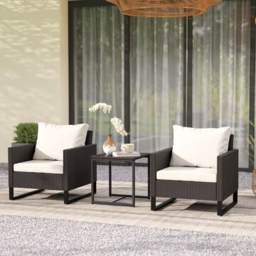 Outsunny 3 Pieces Rattan Bistro Set With 4 Cushions, Wicker Garden Furniture Set, Glass Top Coffee Table And Chairs For Outdoor Patio, Balcony, Terrace And Conservatory, Brown