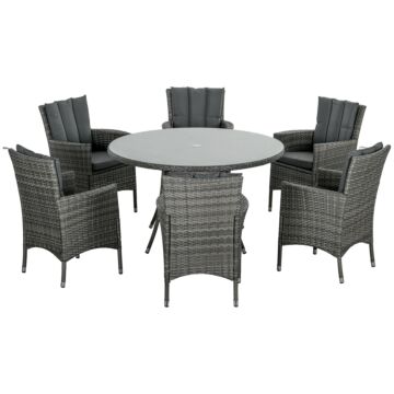 Outsunny 7 Pieces Pe Rattan Dining Set W/ Cushions, Garden Furniture Set W/ Six Armchairs, Patio Conservatory W/ Tempered Glass Tabletop