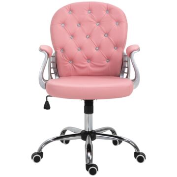 Vinsetto Office Chair Ergonomic 360° Swivel Pu Diamante Padded Base 5 Castor Wheels For Home Work Pink