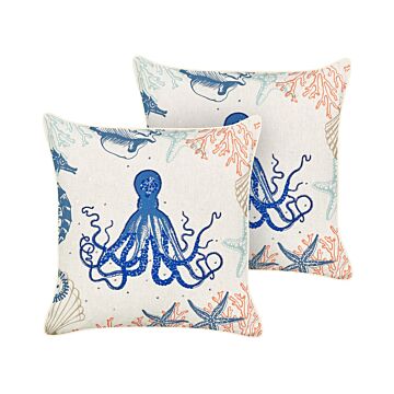 Set Of 2 Scatter Cushions Beige Linen 45 X 45 Cm Marine Octopus Pattern Square Polyester Filling Home Accessories Beliani
