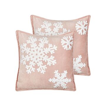 Set Of 2 Scatter Cushions Pink White Cotton Velvet 45 X 45 Cm Christmas Motif Snowflake Print Accessories Festive Decor Beliani