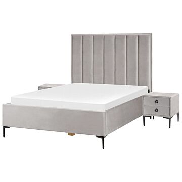 Bedroom Set Grey Velvet Eu Double Size 4ft6 Bed With Storage 2 Bedside Tables Upholstered Beliani