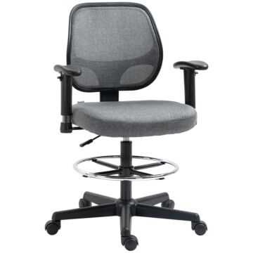 Vinsetto Drafting Chair Tall Office Fabric Standing Desk Chair With Adjustable Footrest Ring, Arm, Swivel Wheels, Grey