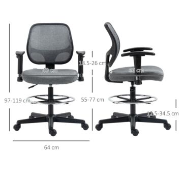 Vinsetto Drafting Chair Tall Office Fabric Standing Desk Chair With Adjustable Footrest Ring, Arm, Swivel Wheels, Grey
