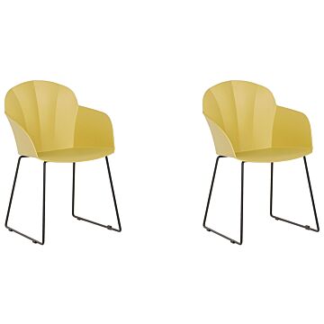 Set Of 2 Dining Chairs Yellow Synthetic Material Black Metal Legs Formed Back Modern Living Room Beliani