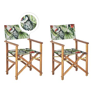 Set Of 2 Garden Director's Chairs Light Wood With Off-white Acacia Toucan Pattern Replacement Fabric Folding Beliani