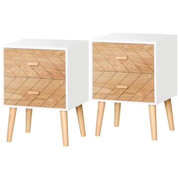 Homcom 2 Drawers Bedside Table With Pine Legs, Bedroom Wooden Storage Cabinet, Set Of 2, Natural