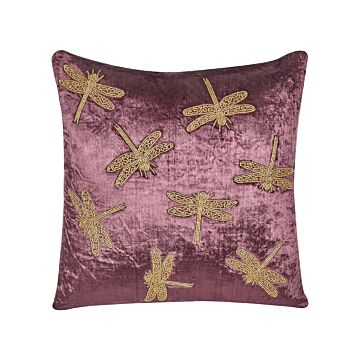 Decorative Cushion Purple Velvet 45 X 45 Cm Animal Pattern Dragonfly Motif Modern Glamour Living Room Bedroom Pillow Beliani