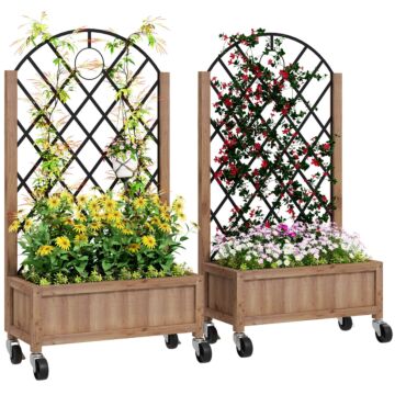 Outsunny Raised Garden Bed With Metal Trellis, Pack Of 2 Wooden Elevated Planter Box With Wheels And Drainage Holes, Outdoor Raised Planter For Climbing Plants, Fruits, Vegetables, Flowers, Brown