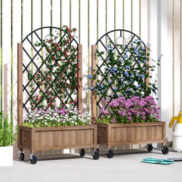 Outsunny Raised Garden Bed With Metal Trellis, Pack Of 2 Wooden Elevated Planter Box With Wheels And Drainage Holes, Outdoor Raised Planter For Climbing Plants, Fruits, Vegetables, Flowers, Brown