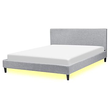 Eu King Size Panel Bed 5ft3 Grey Fabric Slatted Frame With White Led Contemporary Beliani