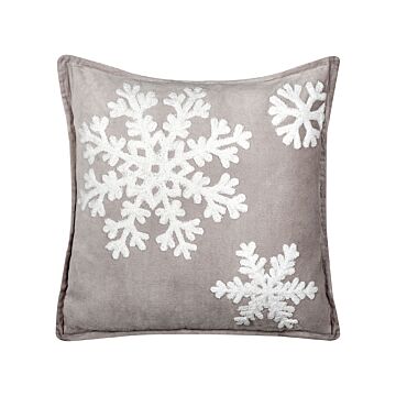Scatter Cushion Grey White Cotton Velvet 45 X 45 Cm Christmas Motif Snowflake Print Accessories Festive Decor Beliani