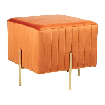 Footstool Orange Velvet Upholstered Ottoman Pouffe Gold Metal Legs 48 X 48 Cm Square Seat Glamour Beliani