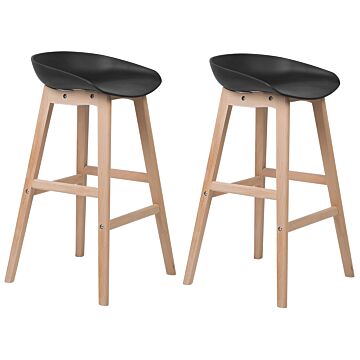 Set Of 2 Bar Stools Light Wood And Black Plastic 85 Cm Seat Counter Chair Beliani