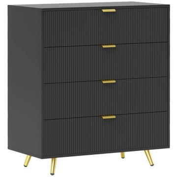 Homcom Bedroom Chest Of Drawers With 4 Drawers, Fluted Dresser With Gold Tone Handles, Storage Cabinet For Bedroom, Living Room, Hallway, Entryway, Black