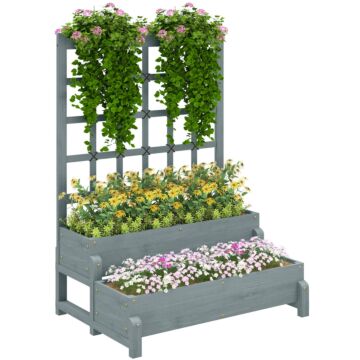 Outsunny 2-tier Raised Garden Bed With Trellis, Wooden Elevated Planter Box With Drainage Holes, Outdoor Raised Planter For Climbing Plants, Fruits, Vegetables, Flowers, Grey