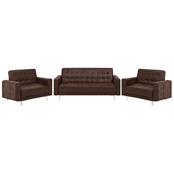Living Room Set Brown Faux Leather Tufted 3 Seater Sofa Bed 2 Reclining Armchairs Modern 3-piece Suite Beliani