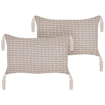 Set Of 2 Scatter Cushions Taupe 25 X 45 Cm Throw Pillow Geometric Pattern Tassels Removable Cover With Filling Beliani