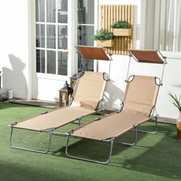 Outsunny Outdoor Foldable Sun Lounger Set Of 2, 4 Level Adjustable Backrest Reclining Sun Lounger Chair With Angle Adjust Sun Shade Awning Brown