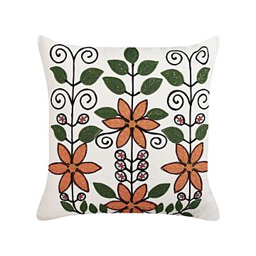 Scatter Cushion Multicolour Cotton Wool 50 X 50 Cm Floral Pattern Handmade Embroidered Removable Cover With Filling Boho Style Beliani