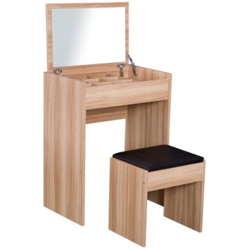 Homcom Dressing Table Set Padded Stool Dresser With Flip-up Mirror Multi-purpose - Wood Grain