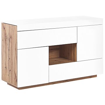 Sideboard And Desk White With Light Wood Mdf Paper Veneer 2 In 1 With Drawers Shelf Cabinets Storage Beliani