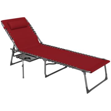 Outsunny Folding Sun Lounger With Side Table, 5-level Adjustable Reclining Sun Lounger Chair, Portable Garden Recliner Sunbed With Side Pocket, Head Pillow For Patio, Beach, Red