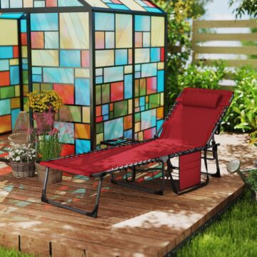 Outsunny Folding Sun Lounger With Side Table, 5-level Adjustable Reclining Sun Lounger Chair, Portable Garden Recliner Sunbed With Side Pocket, Head Pillow For Patio, Beach, Red