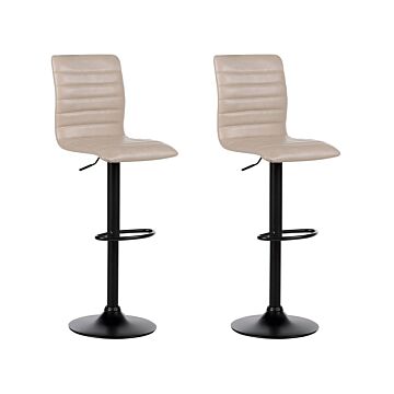 Set Of 2 Bar Chairs Light Beige Faux Leather Seat Black Frame Counter Height Swivel Adjustable Height Beliani