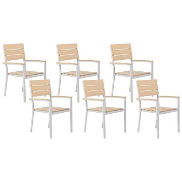 Set Of 6 Garden Chairs Light Wood And White Plastic Wood Aluminium Rust Resistant Modern Design Beliani