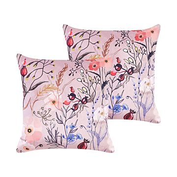 Set Of 2 Pink Decorative Pillows Polyester 45 X 45 Cm Velvet Flower Pattern Modern Traditional Living Room Bedroom Cushions Beliani
