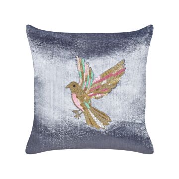 Scatter Cushion Grey Velvet 45 X 45 Cm Square Handmade Throw Pillow Embroidered Animal Bird Pattern Removable Cover Beliani