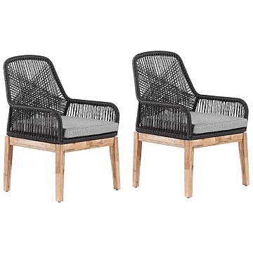 Outdoor Garden Dining Chairs Black Wicker Polypropylene Steel Frame Wooden Legs Acacia Modern Design Set Of 2 Beliani