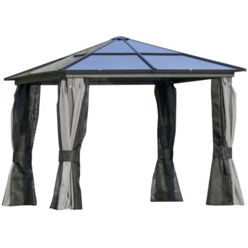 Outsunny 3 X 3(m) Hardtop Gazebo With Uv Resistant Polycarbonate Roof & Aluminium Frame, Garden Pavilion With Mosquito Netting And Curtains