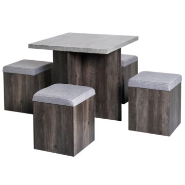 Homcom 5pc Dining Set Garden Patio Wooden Set 4 Storage Stools Footrest Ottoman With Cushions + 1 Table Space Saving Design Indoor Outdoor