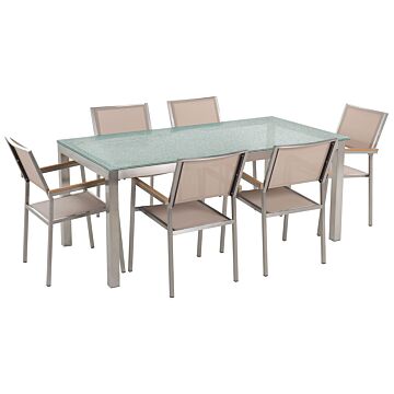 Garden Dining Set Beige With Cracked Glass Table Top 6 Seats 180 X 90 Cm Beliani