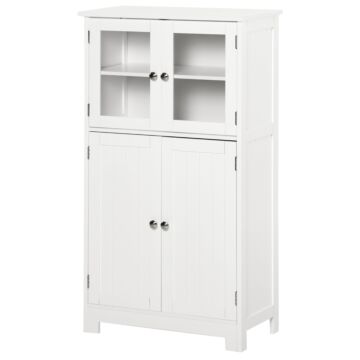 Kleankin Bathroom Floor Storage Cabinet With Tempered Glass Doors And Adjustable Shelf, Free Standing Organizer For Living Room Entryway, White