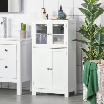 Kleankin Bathroom Floor Storage Cabinet With Tempered Glass Doors And Adjustable Shelf, Free Standing Organizer, White