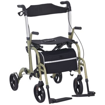 Homcom 2 In 1 Wheelchair & Folding Rollator Walker With Seat, Backrest, Footrest Combo, Lightweight Walking Frame With Storage Bag, Adjustable Height, 4 Wheeled Walker For Seniors, Yellow-green