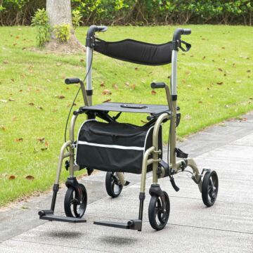Homcom 2 In 1 Wheelchair & Folding Rollator Walker With Seat, Backrest, Footrest Combo, Lightweight Walking Frame With Storage Bag, Adjustable Height, 4 Wheeled Walker For Seniors, Yellow-green