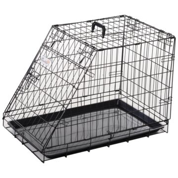 Pawhut Metal Collapsible Car Dog Cage Crate Transport Folding Box Carrier Handle Removable Tray 77 X 47 X 55cm