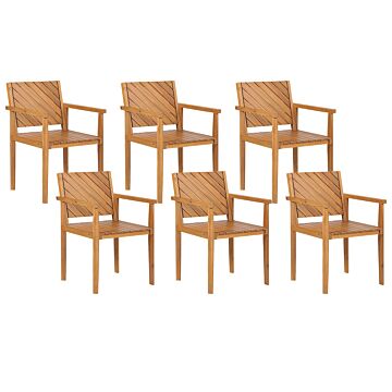 Set Of 6 Garden Chairs Light Acacia Wood Outdoor With Armrests Traditional Style Beliani