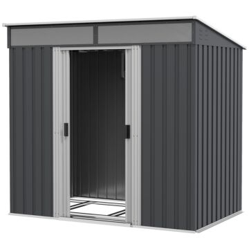 Outsunny 6.5 X 4ft Galvanised Metal Shed With Foundation, Lockable Tool Garden Shed With Double Sliding Doors And 2 Vents, Grey