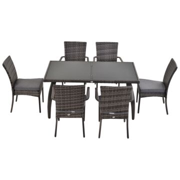 Outsunny 6-seater Garden Dining Set Steel Frame Pe Rattan Wicker W/ 6 Chairs Large Table Glass Top Curved Legs Feet Pads Thick Cushions Suitable Grey